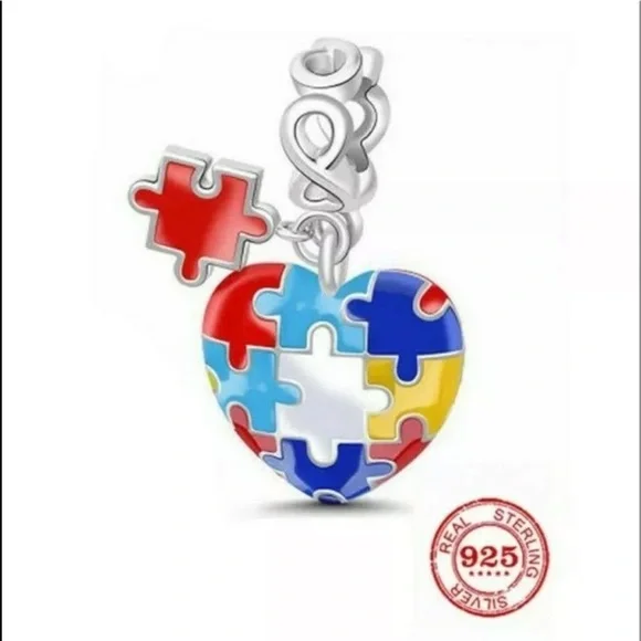 Autism Heart Puzzle S925 Silver Dangle Charm, fits Pandora Charm Bracelet - Picture 2 of 4
